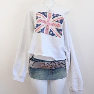 y2k union jack floral one shoulder sweatshirt grey cropped top